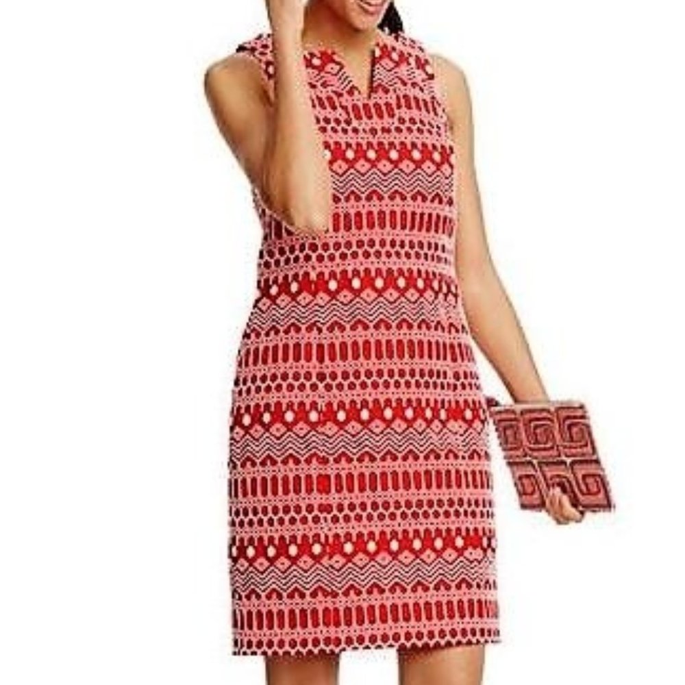Boden Red & White Embroidered Sleeveless Sheath Dress